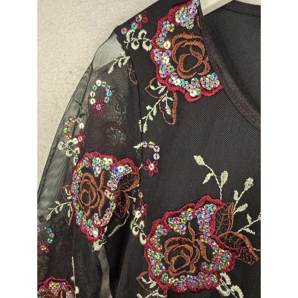 Y2K Wrapper Embroidered Sequin Mesh Top Sz L Black Fairy Grunge Whimsygoth - Picture 2 of 9